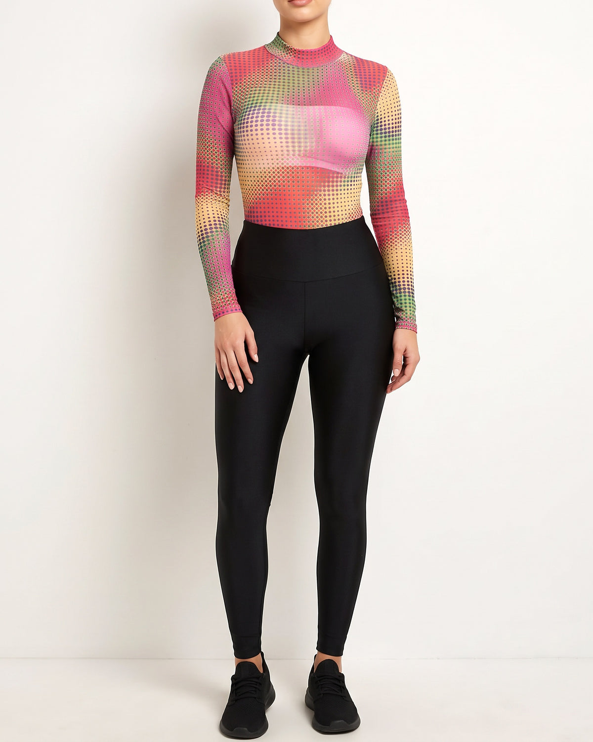 Pink combo printed bodysuit, alternate front view on model