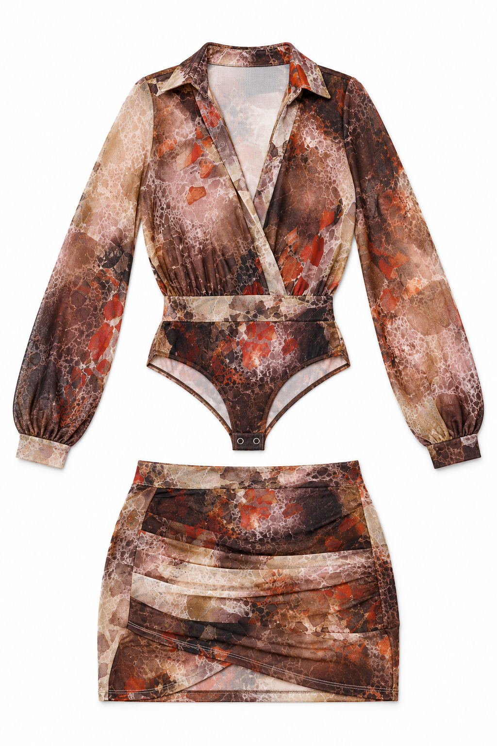 Brown combo printed mesh collared bodysuit and mini skirt set, detail view, garment only