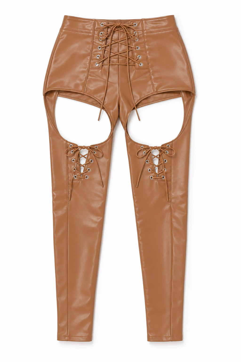 Camel lace up detailed cutout faux leather pants, detail view, garment only