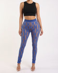 Muvin women's royal cutout detailed knit leggings, front view on model