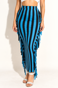 Muvin women's denim blue and black striped fringe maxi skirt, front view showing vertical stripes and flat waistband