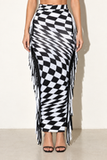 Muvin women's black and white warped-check fringe maxi skirt, front view