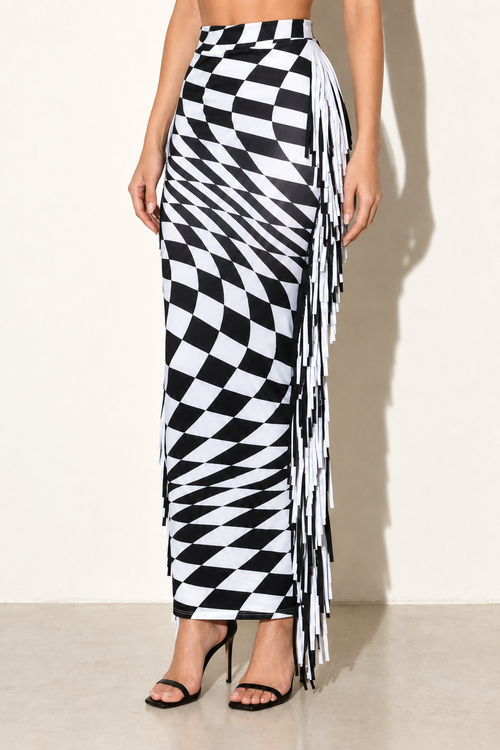 Black and white warped-check fringe maxi skirt, front three-quarter view