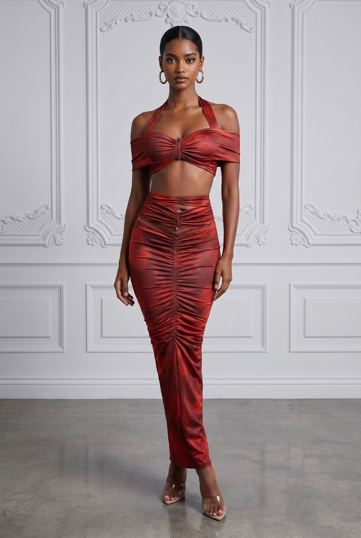 Cutout Off Shoulder Top & Maxi Skirt Set in Wine combo – Front view