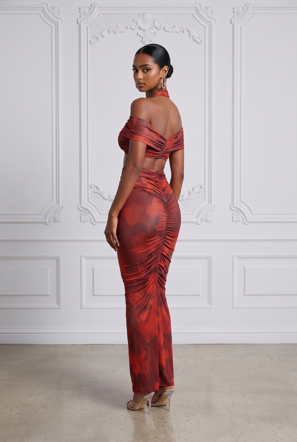 Cutout Off Shoulder Top & Maxi Skirt Set in Wine combo – Back view