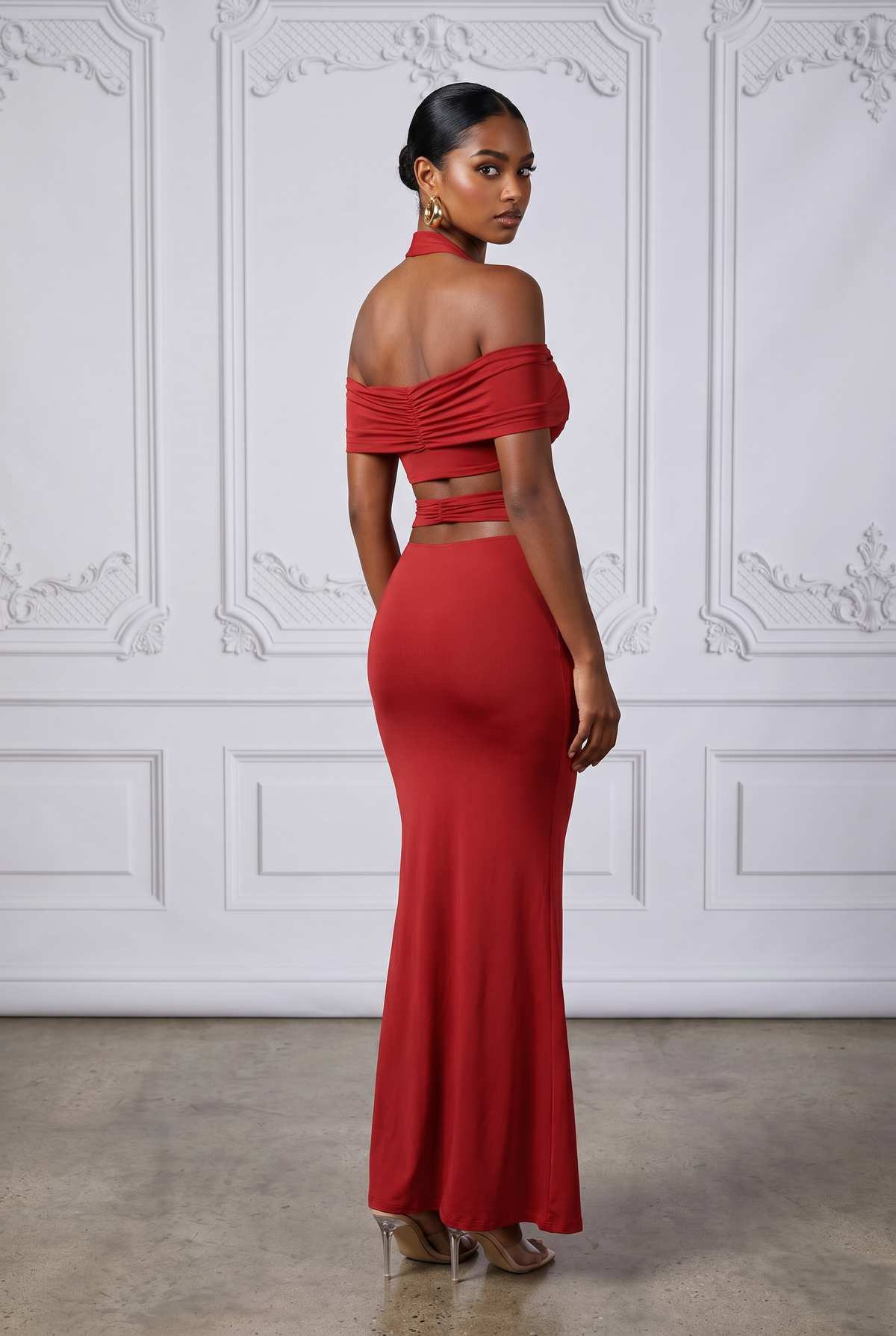 Off Shoulder Maxi Skirt Set in Wine – Back view