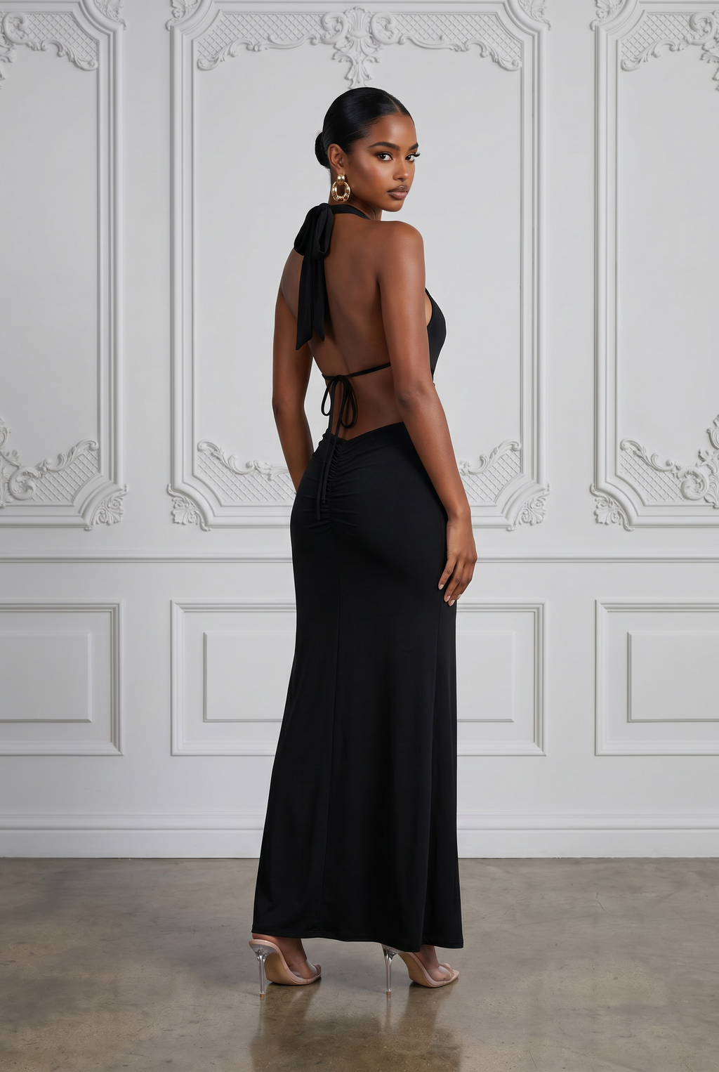 Cutout Open Back Halter Maxi Dress in Black – Back view