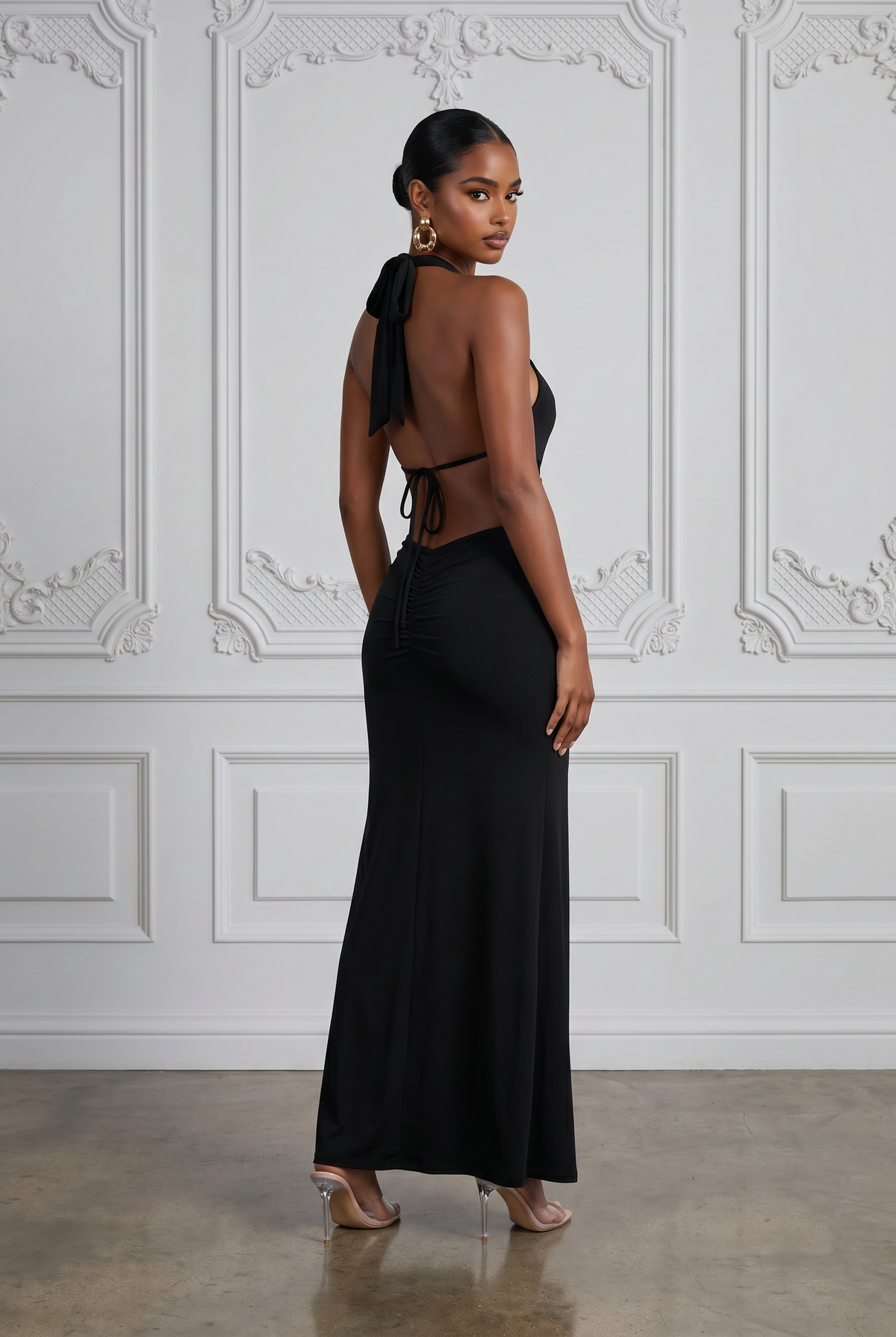 Cutout Open Back Halter Maxi Dress in Black – Back view