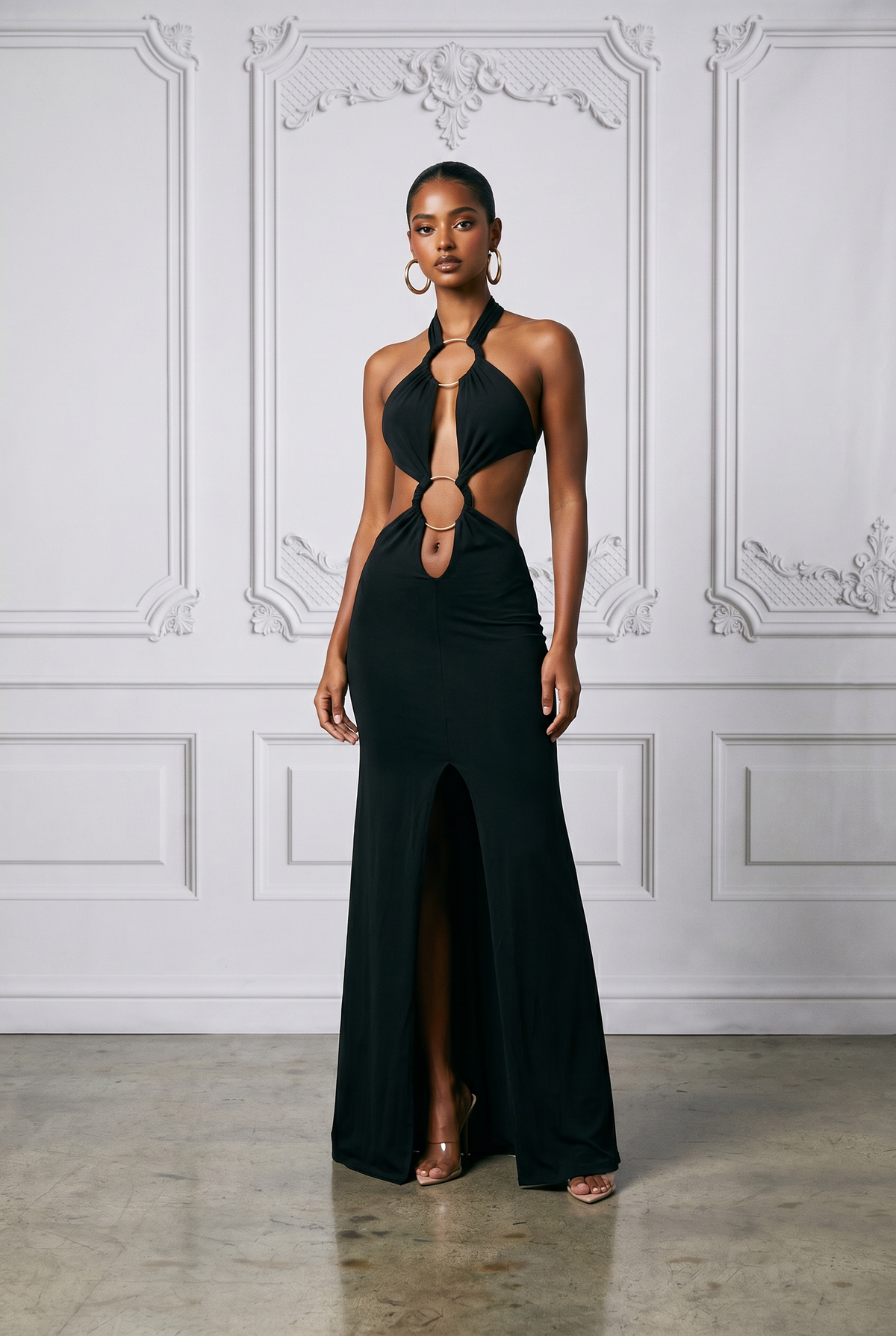 Cutout Open Back Halter Maxi Dress in Black – Front view