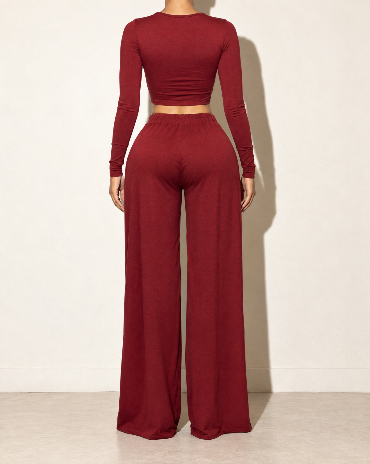 Long Sleeve Mid Top & Wide Leg Pants Set in Burgundy — back view