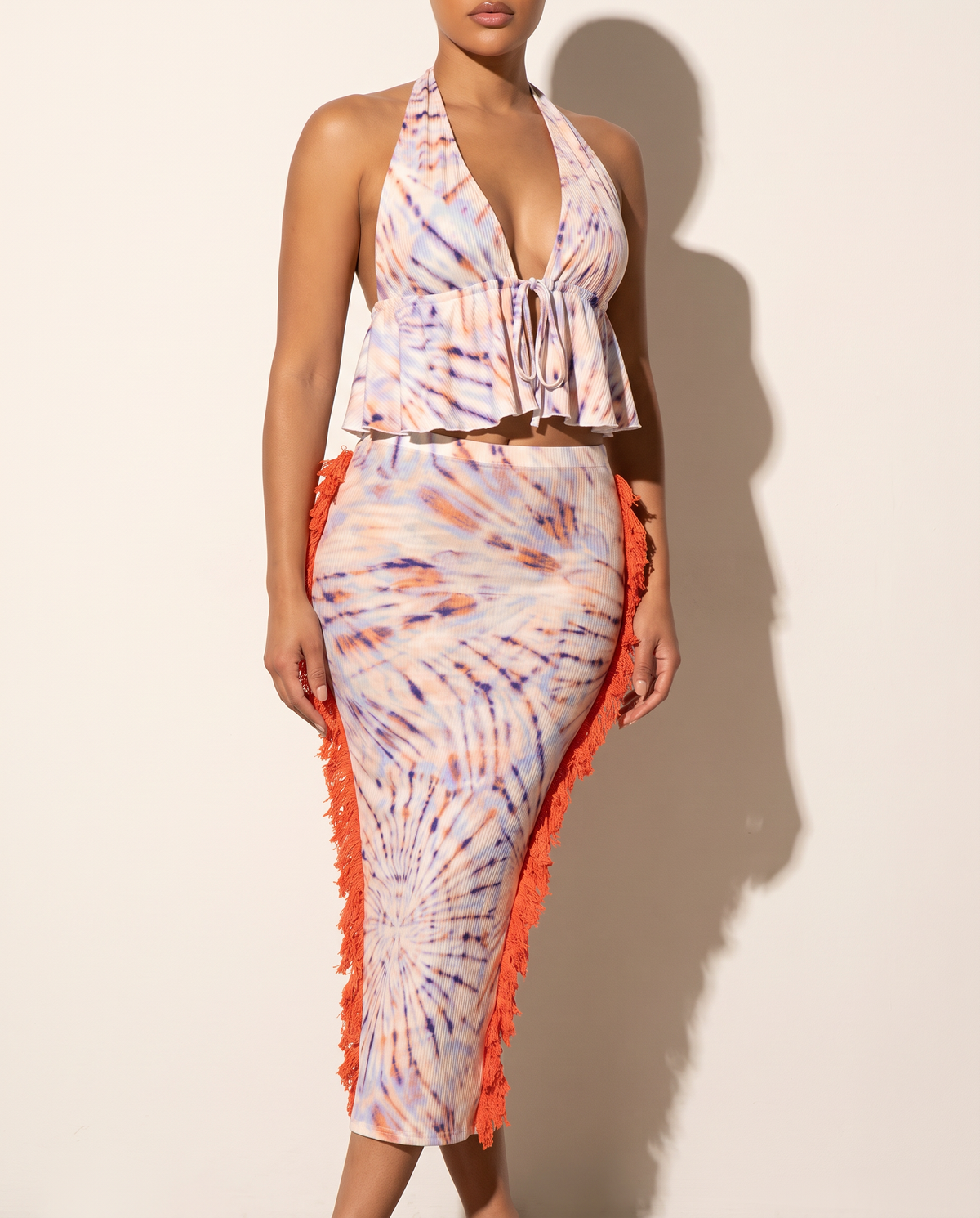 Tie-Dye Fringe Halter Two-Piece Set in Peach — alternate front view