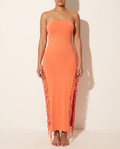 Mineral Wash Fringe Trim Tube Maxi Dress in Orange — front view