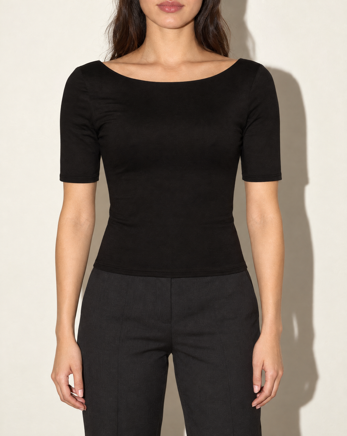 Short Sleeve Open Back Top in Black — front view