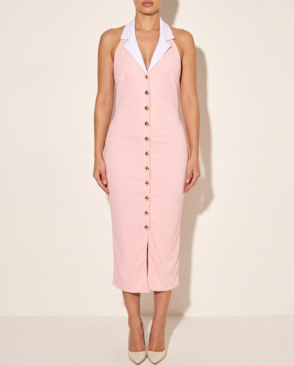 Contrast Collar Midi Dress in BABY PINK/WHITE — front view