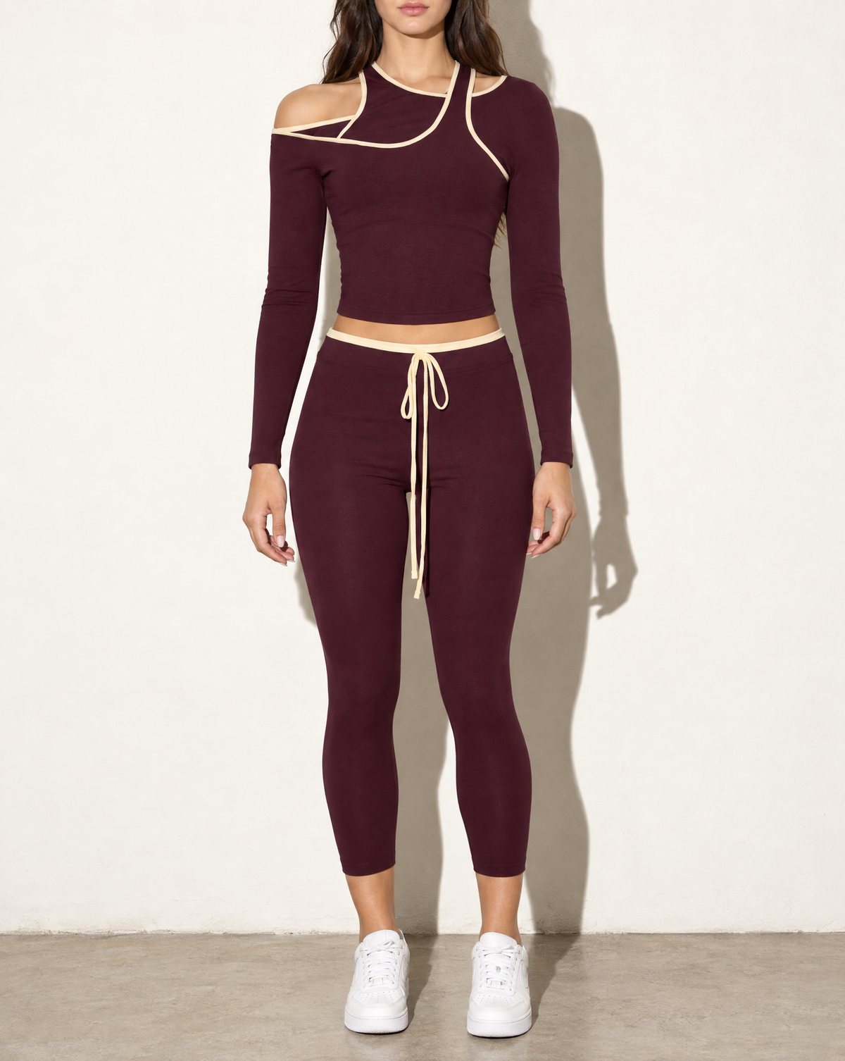 One Side Cold Shoulder Top & Capri Leggings Set in BURGUNDY COMBO — front view