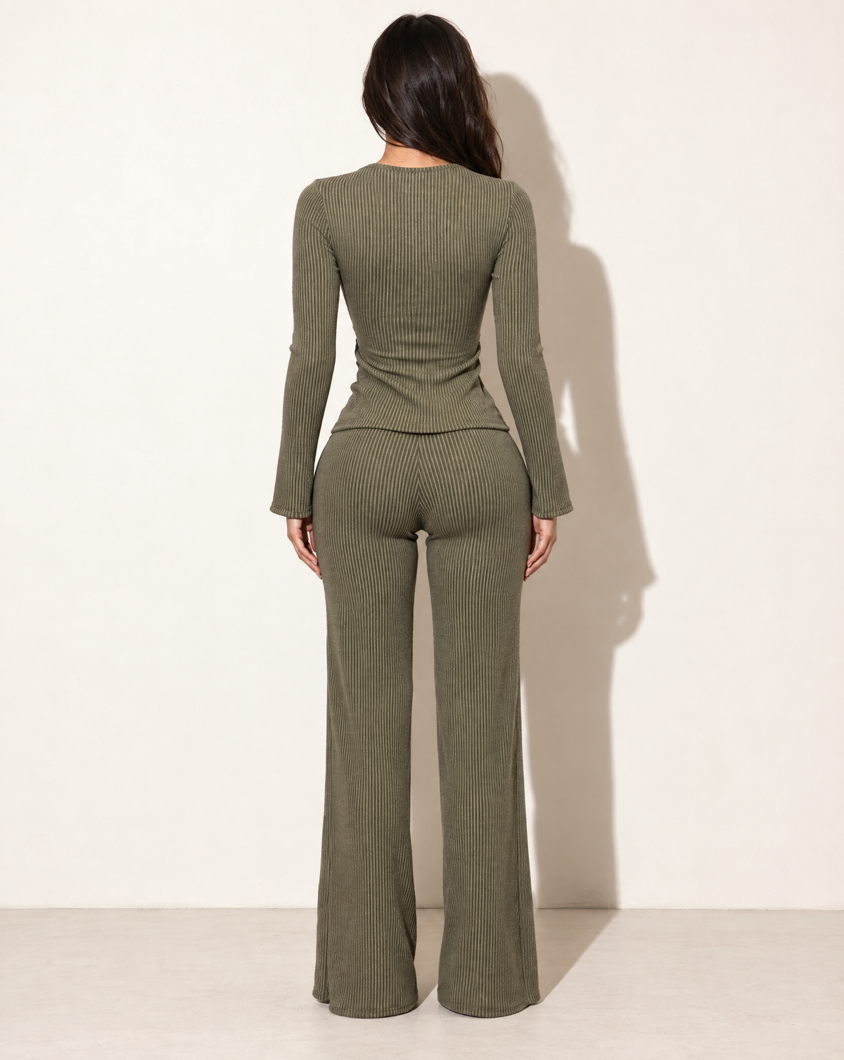 Twisted Front Cut Out Detailed Top & Pants Set in Olive — back view