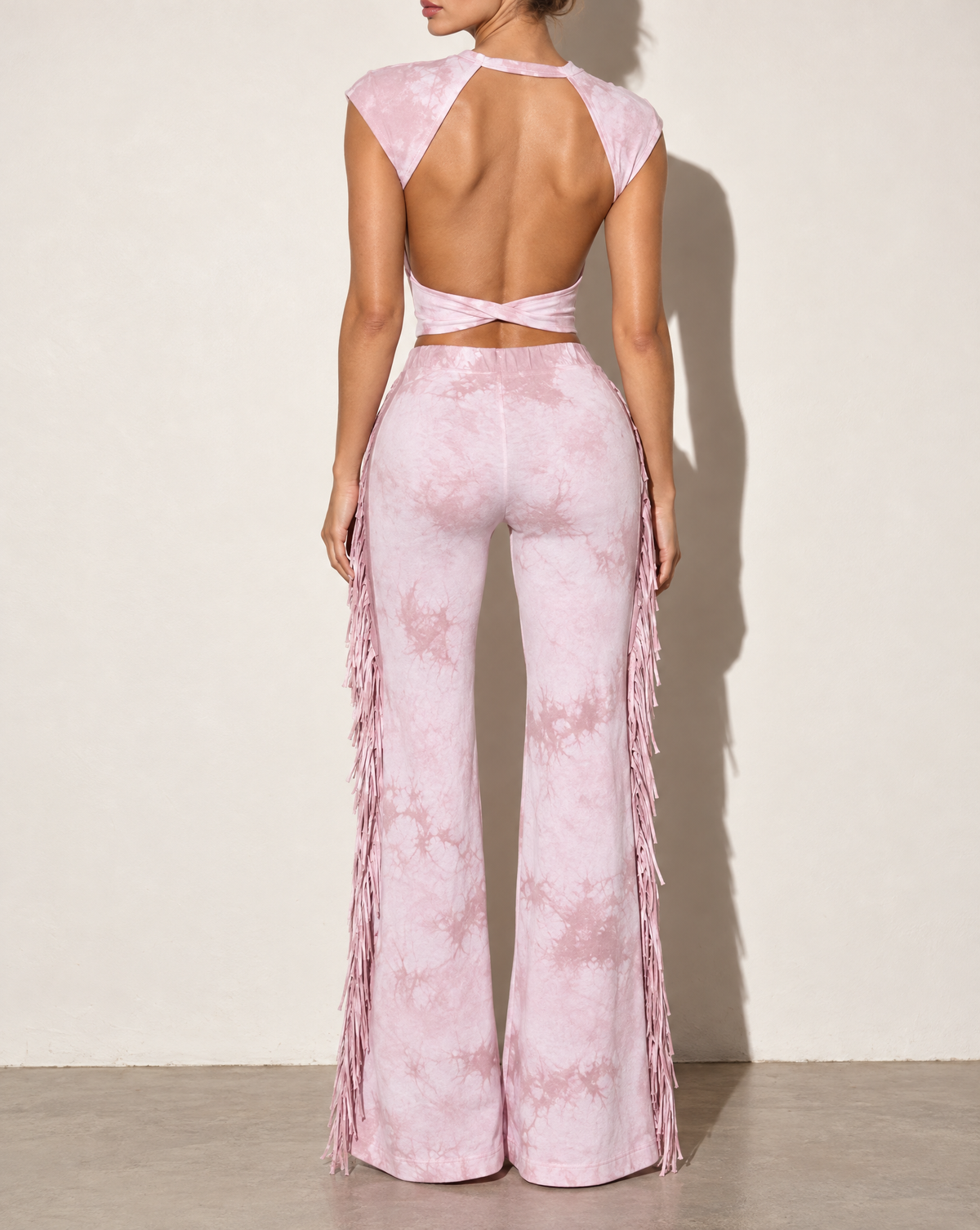 Elevated Marble Mineral Washed Fringe Pants Set in DUSTY PINK — back view