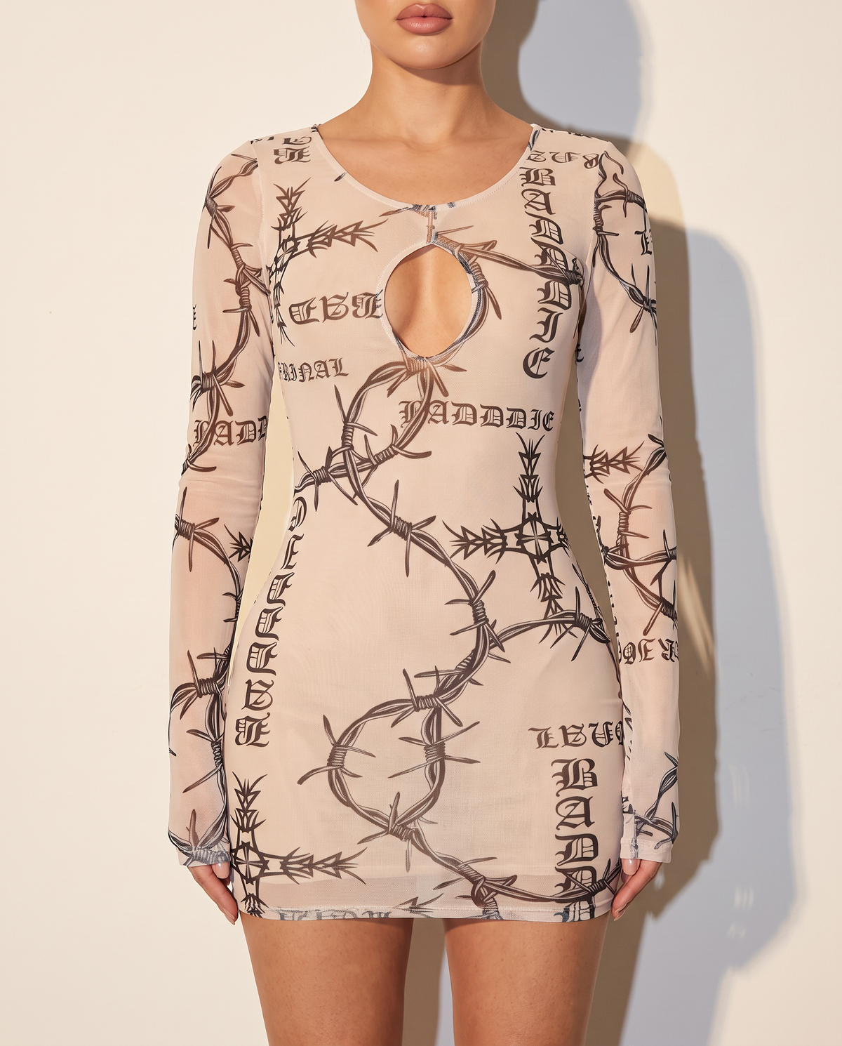 Barbed Wire Printed Mesh Dress in NUDE — front view