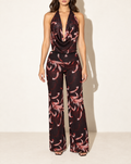 Printed Mesh Halter Top & Wide Leg Pant Set in BURG COMBO — front view