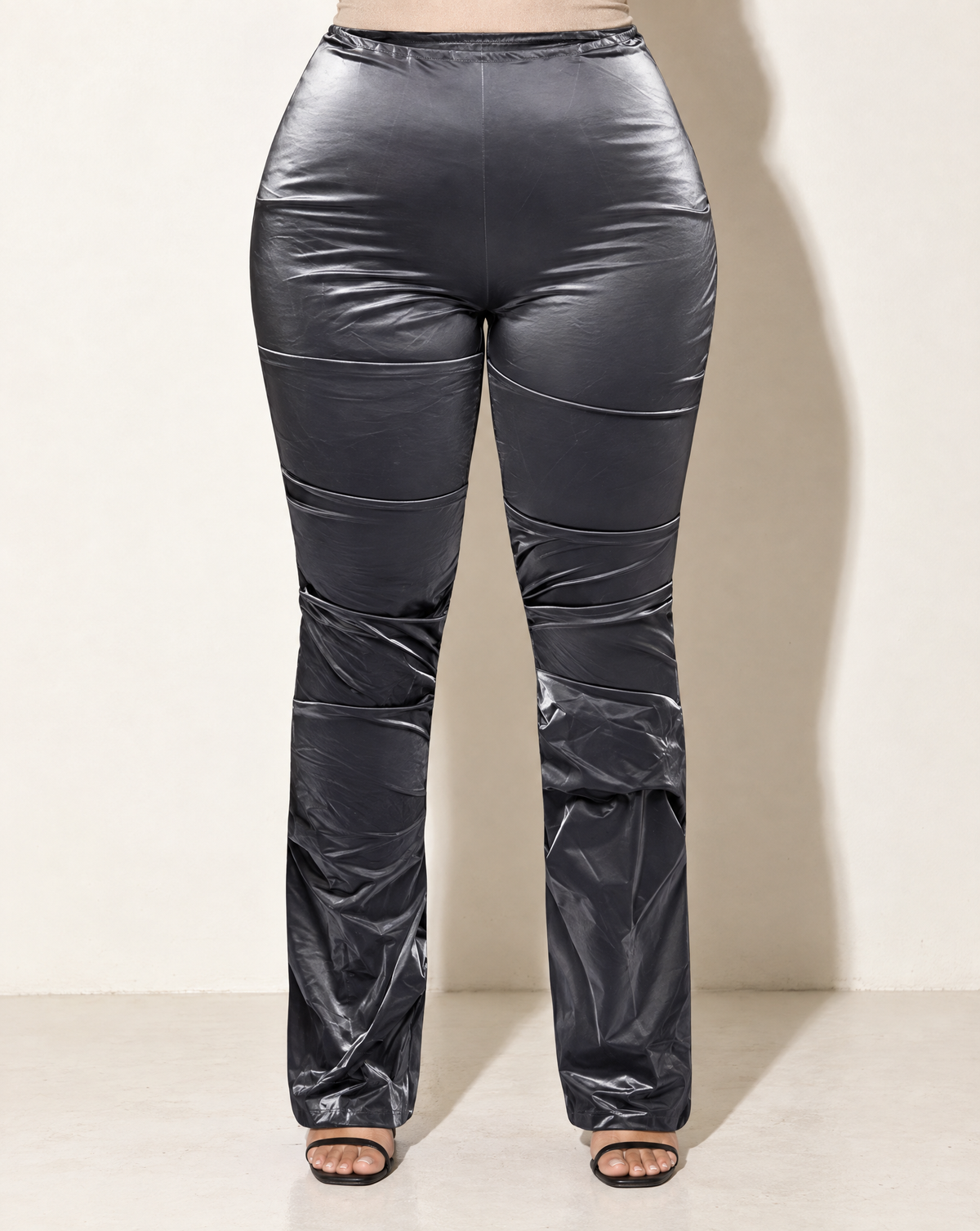 Plus Size Velvet PU Ruched Pants in Charcoal — front view
