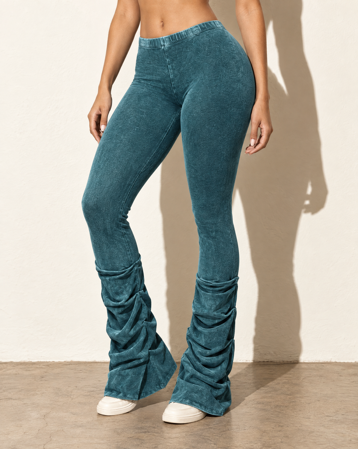Mineral Washed Ruching Hem Detailed Pants in Teal — alternate front view