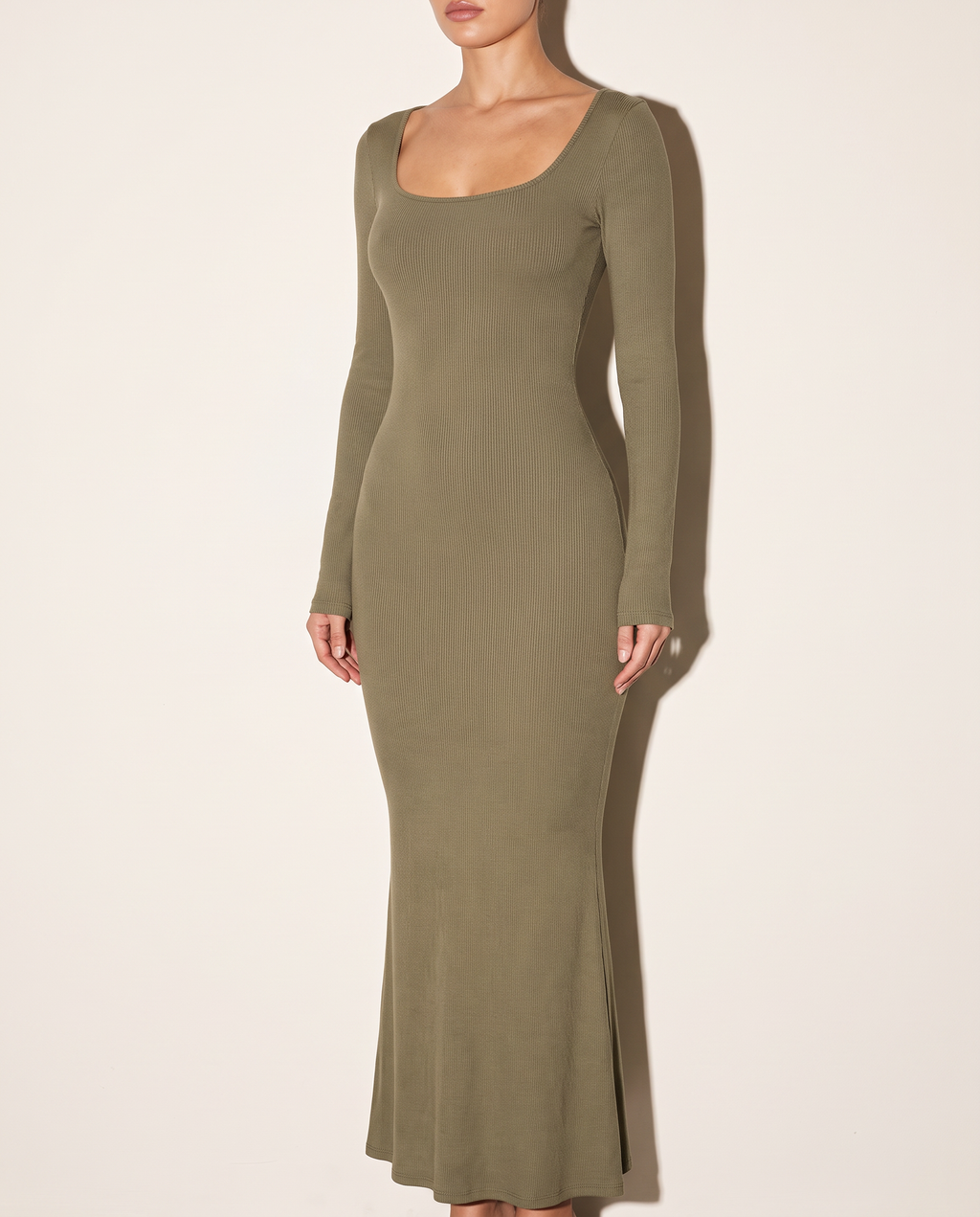 Scoop Neck Long Sleeve Mermaid Maxi Dress in Olive — alternate front view