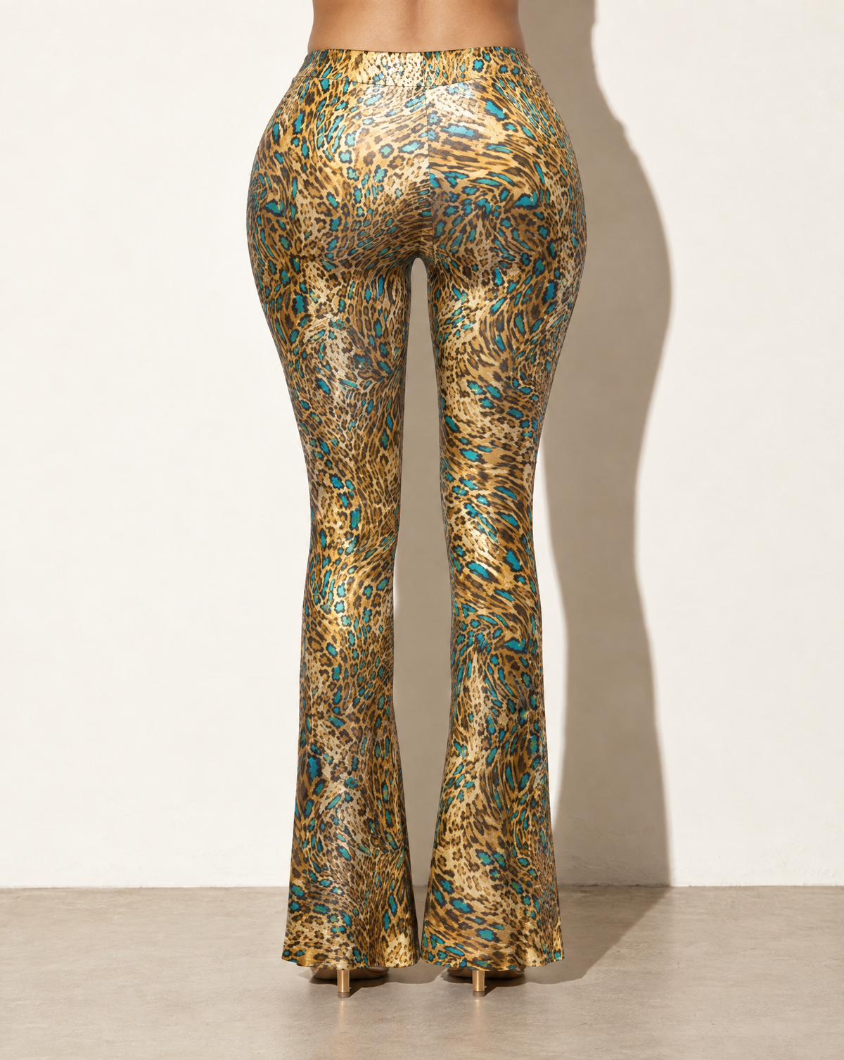 Foiled Animal Printed Slit Hem Flared Pants in GOLD/JADE — back view