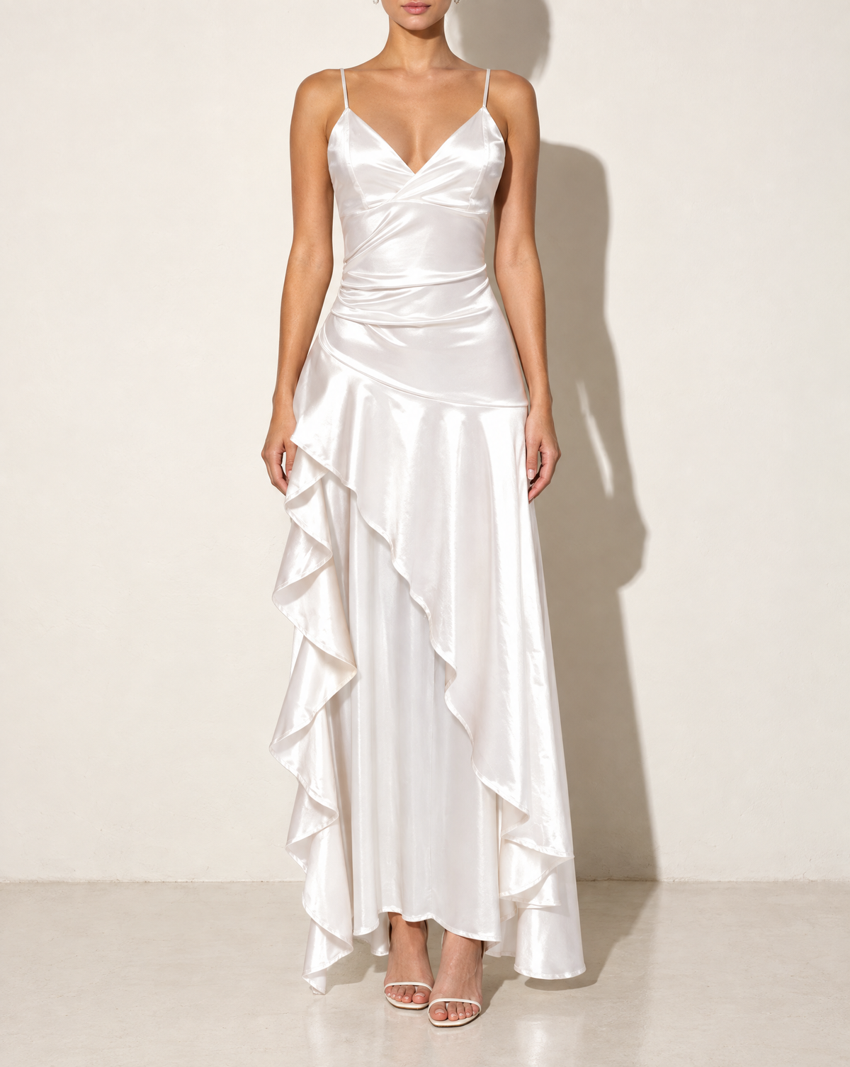 Ruffleddress Satin Maxi in Ivory — front view
