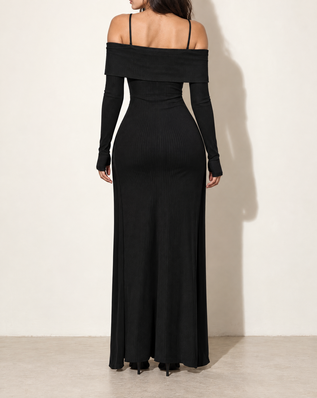 Long Length Off Shoulder Top & Skirt Leggings Set in Black — back view