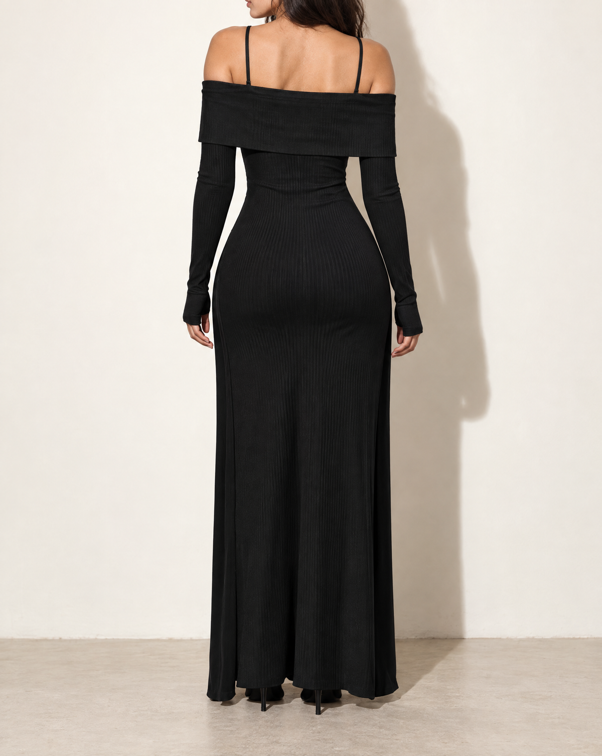 Long Length Off Shoulder Top & Skirt Leggings Set in Black — back view
