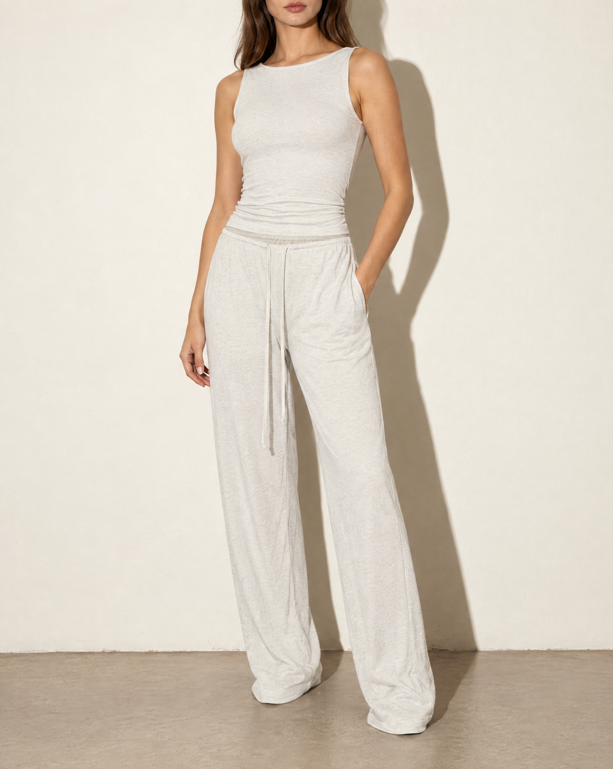 Sleeveless Top & Loose Fit Pants Set in HEATHER ASH — alternate front view