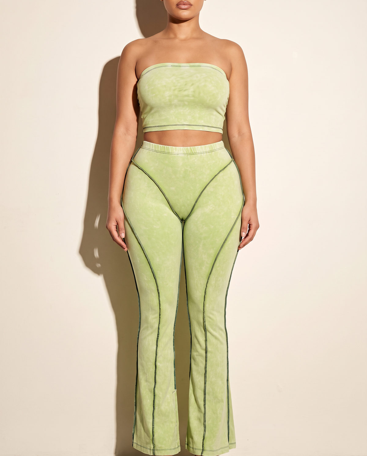 Mineral Washed Top & Pant Set in Lime — front view