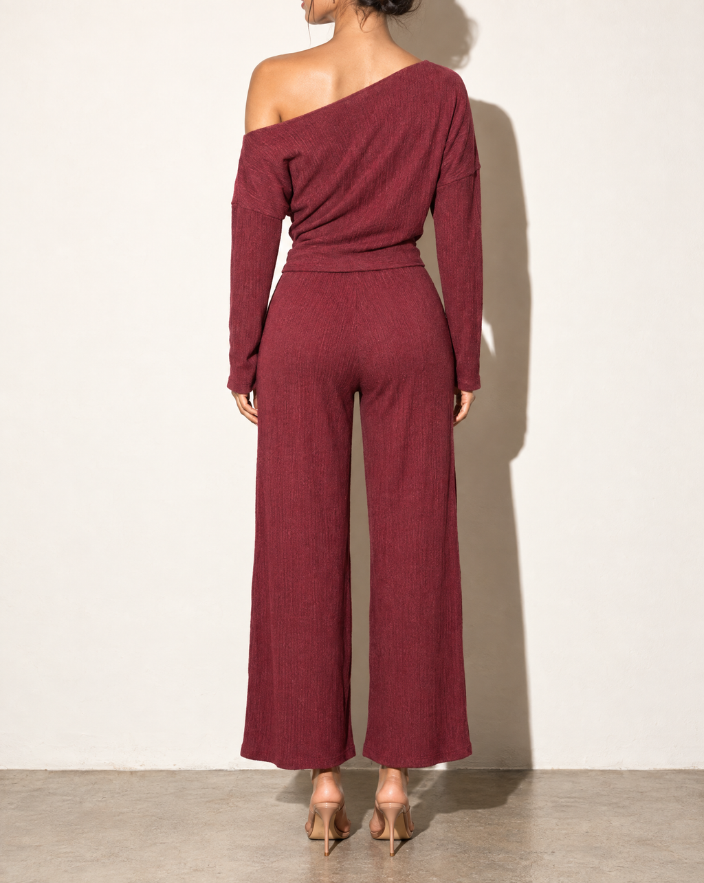 Off Shoulder Long Sleeve Top & Pants Set in Burgundy — back view