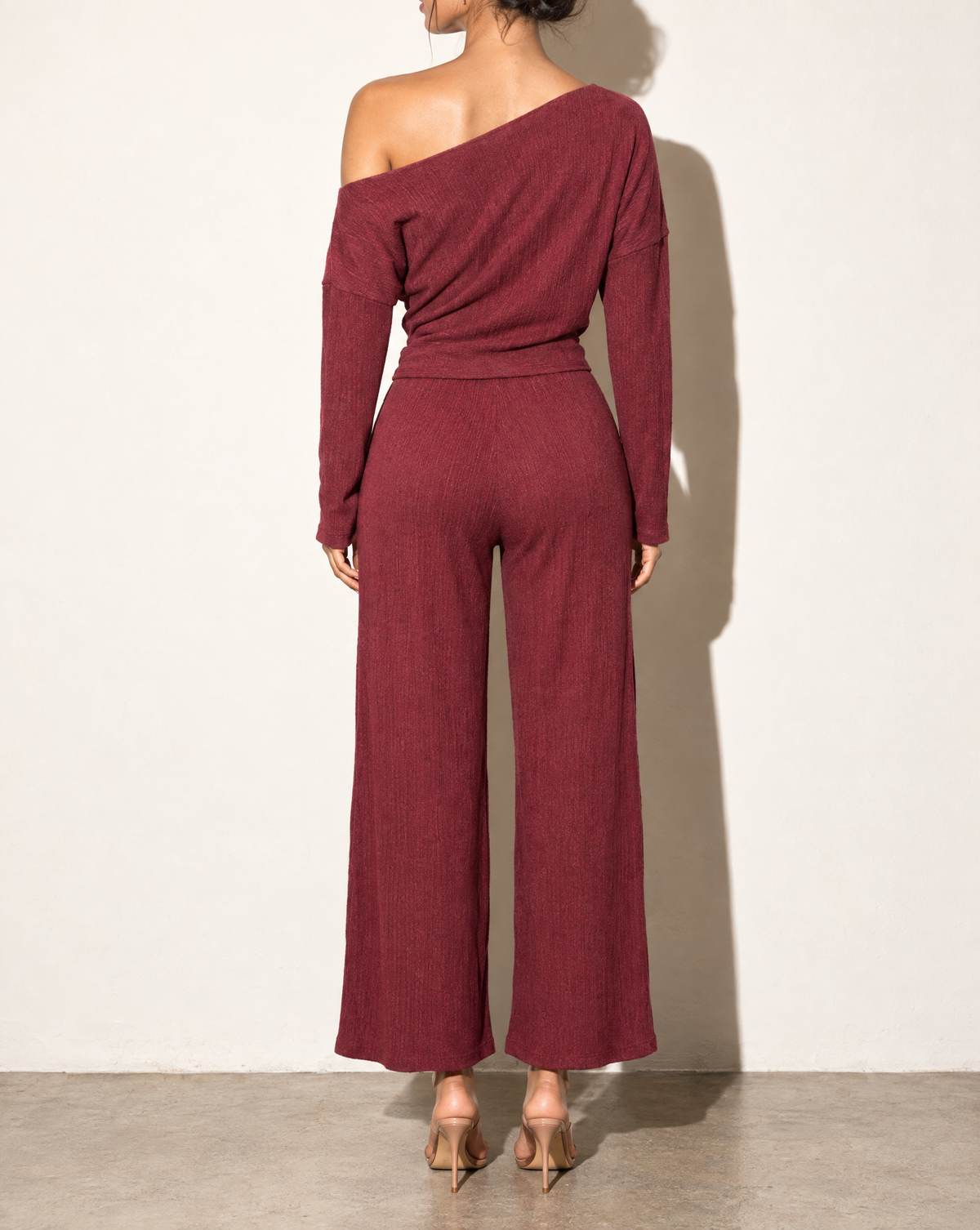 Off Shoulder Long Sleeve Top & Pants Set in Burgundy — back view