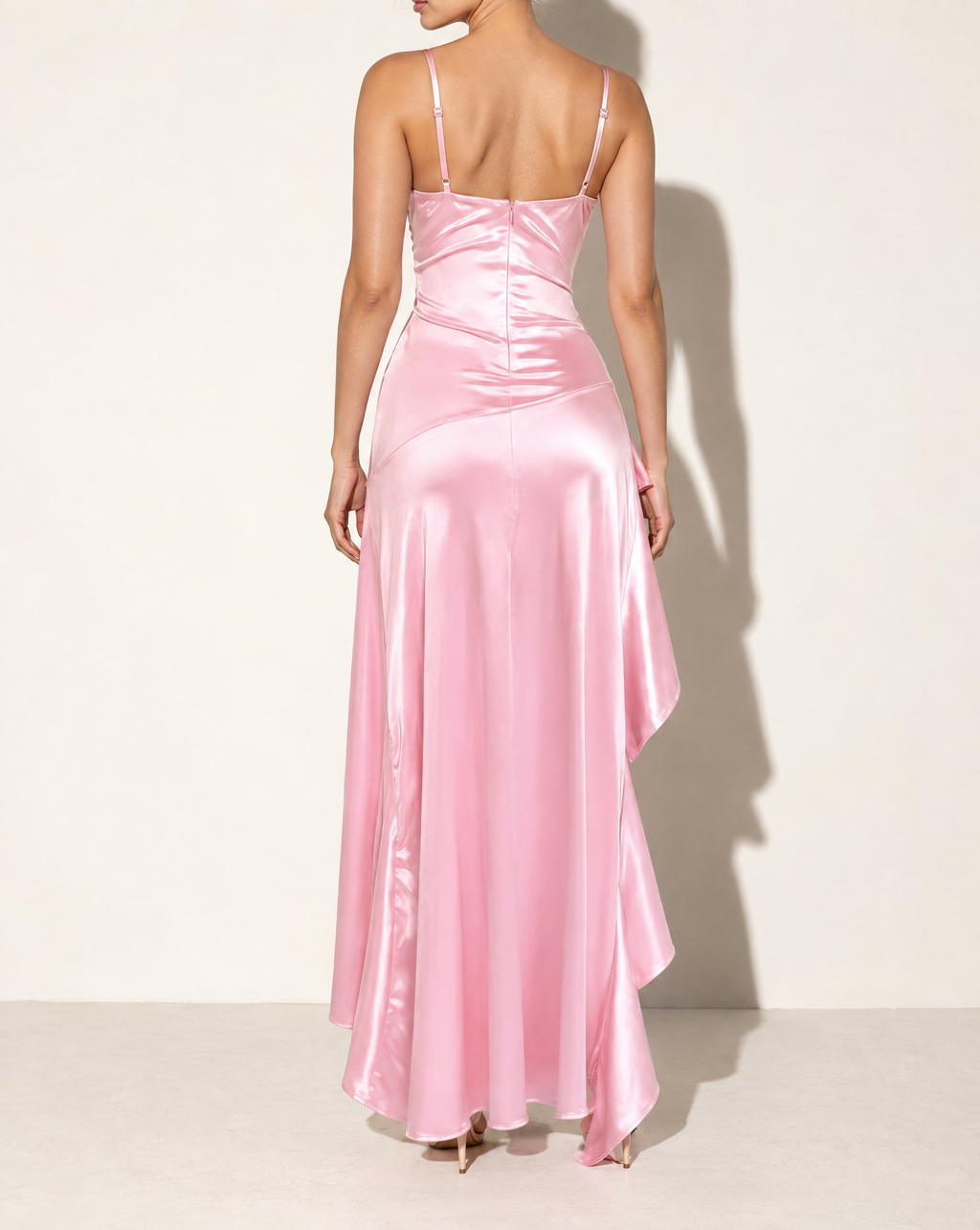 Ruffleddress Satin Maxi in Blush — back view