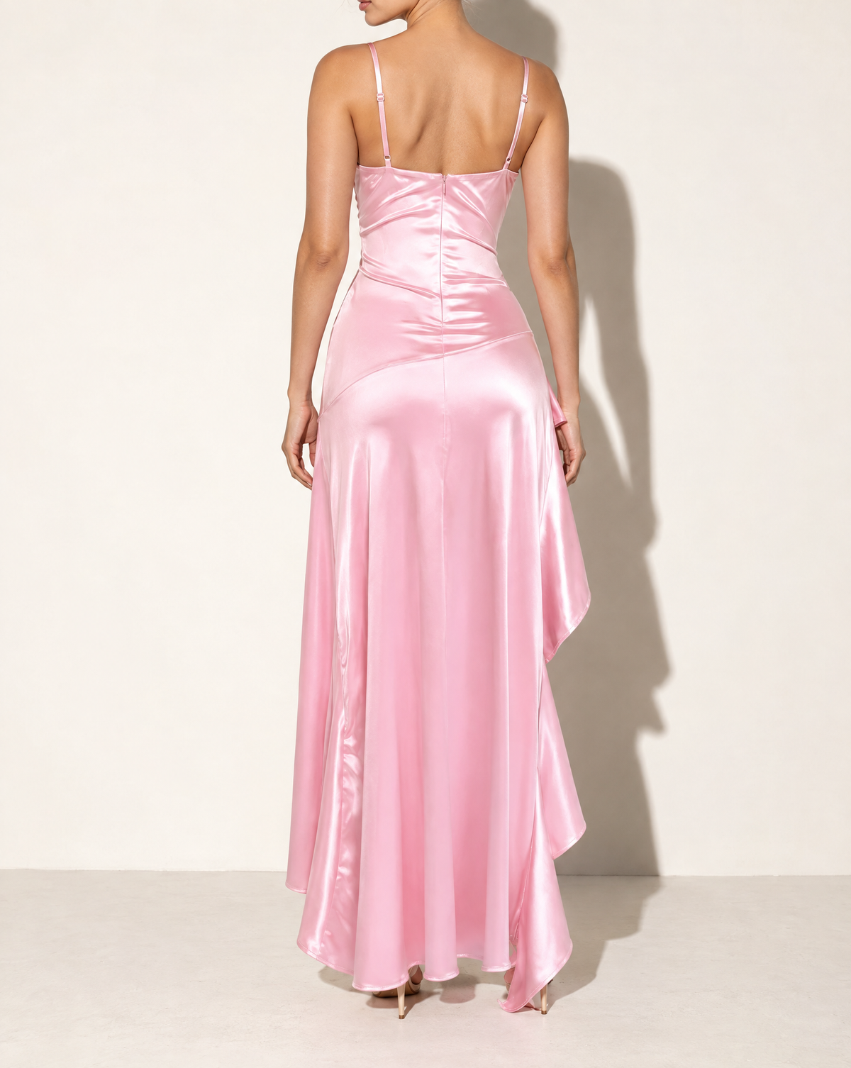 Ruffleddress Satin Maxi in Blush — back view