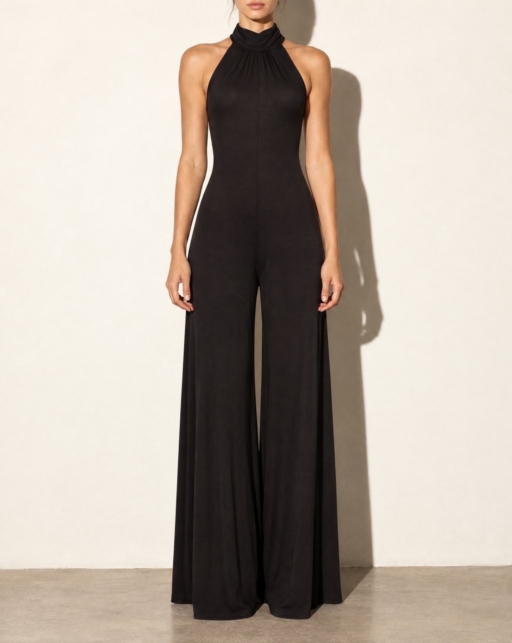 Halter Open Back Wide Leg Jumpsuit in Black — front view