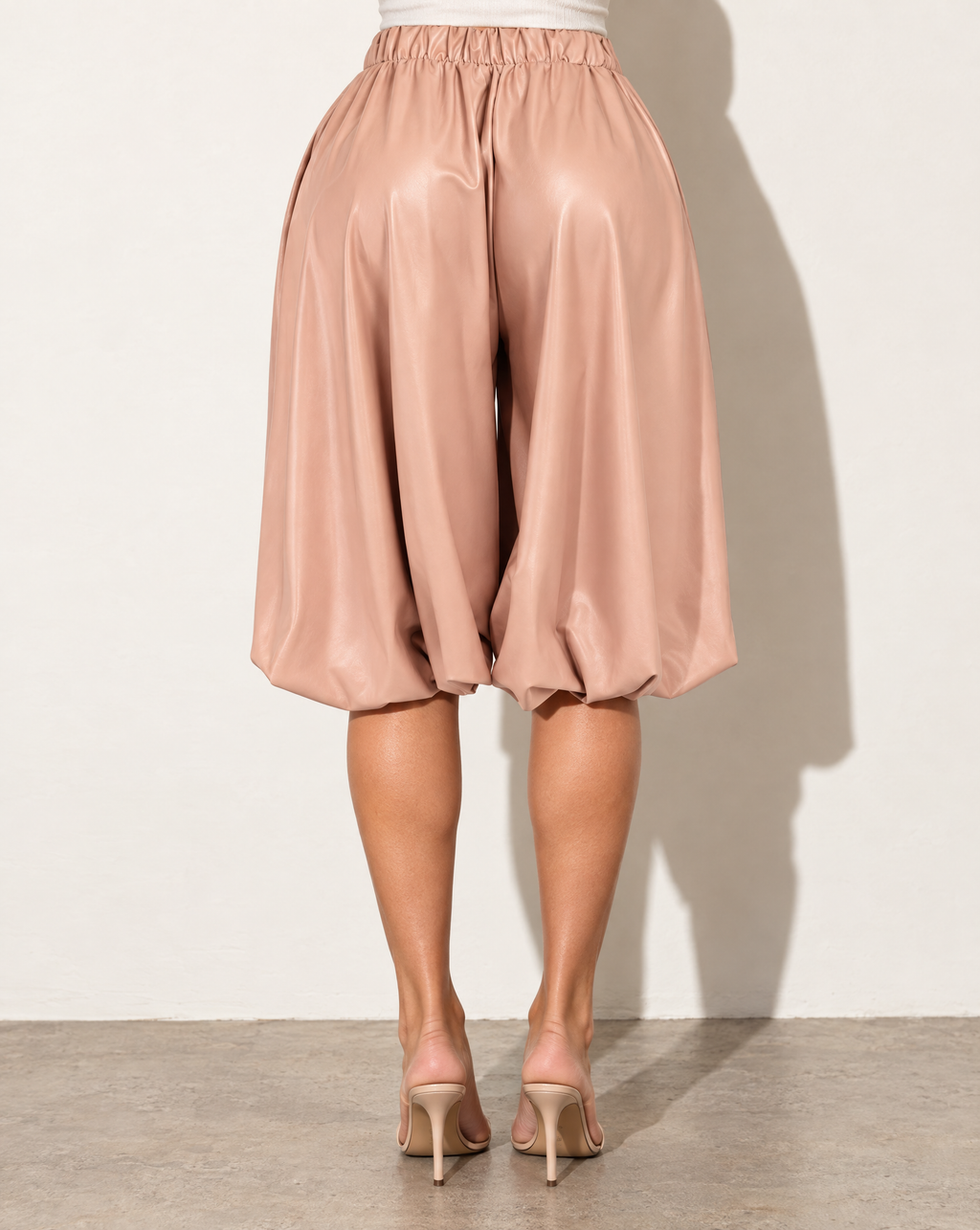 PU Bubble Capri Fashion Pants in Blush — back view