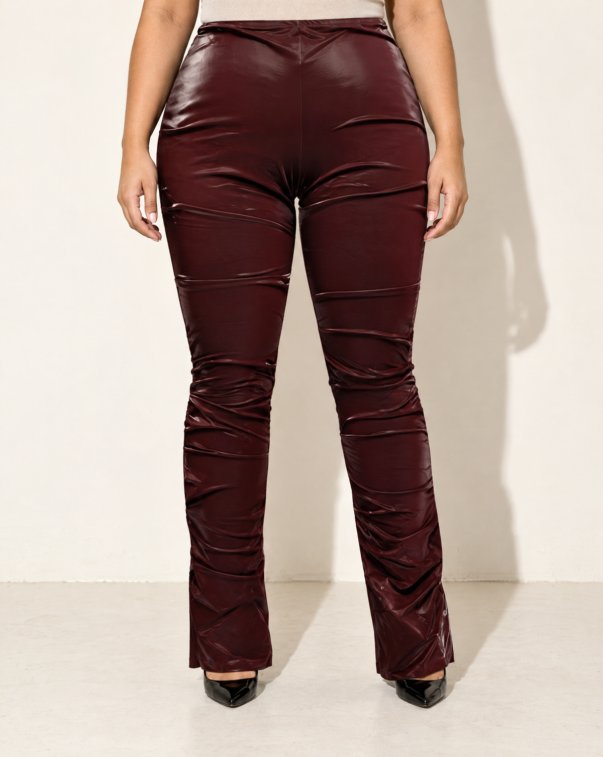 Plus Size Velvet PU Ruched Pants in Burgundy — front view