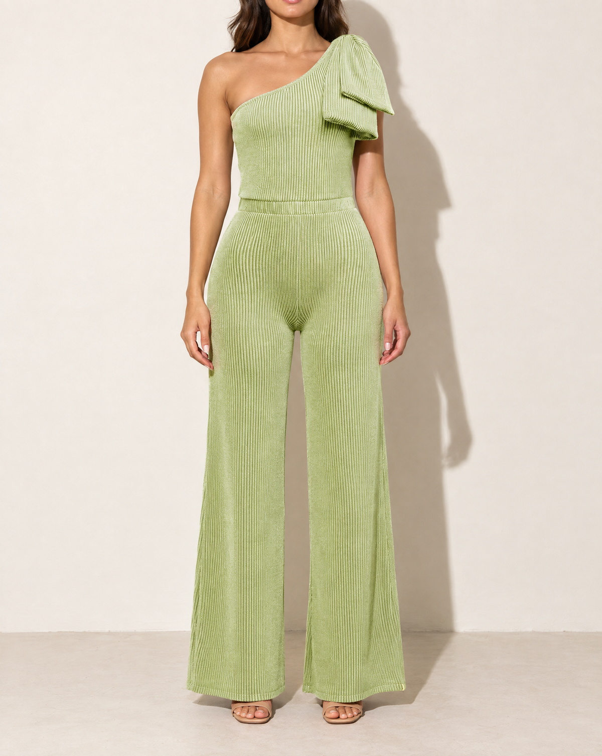 One Shoulder Bow Detailed Wide Leg Jumpsuit in CELERY — front view