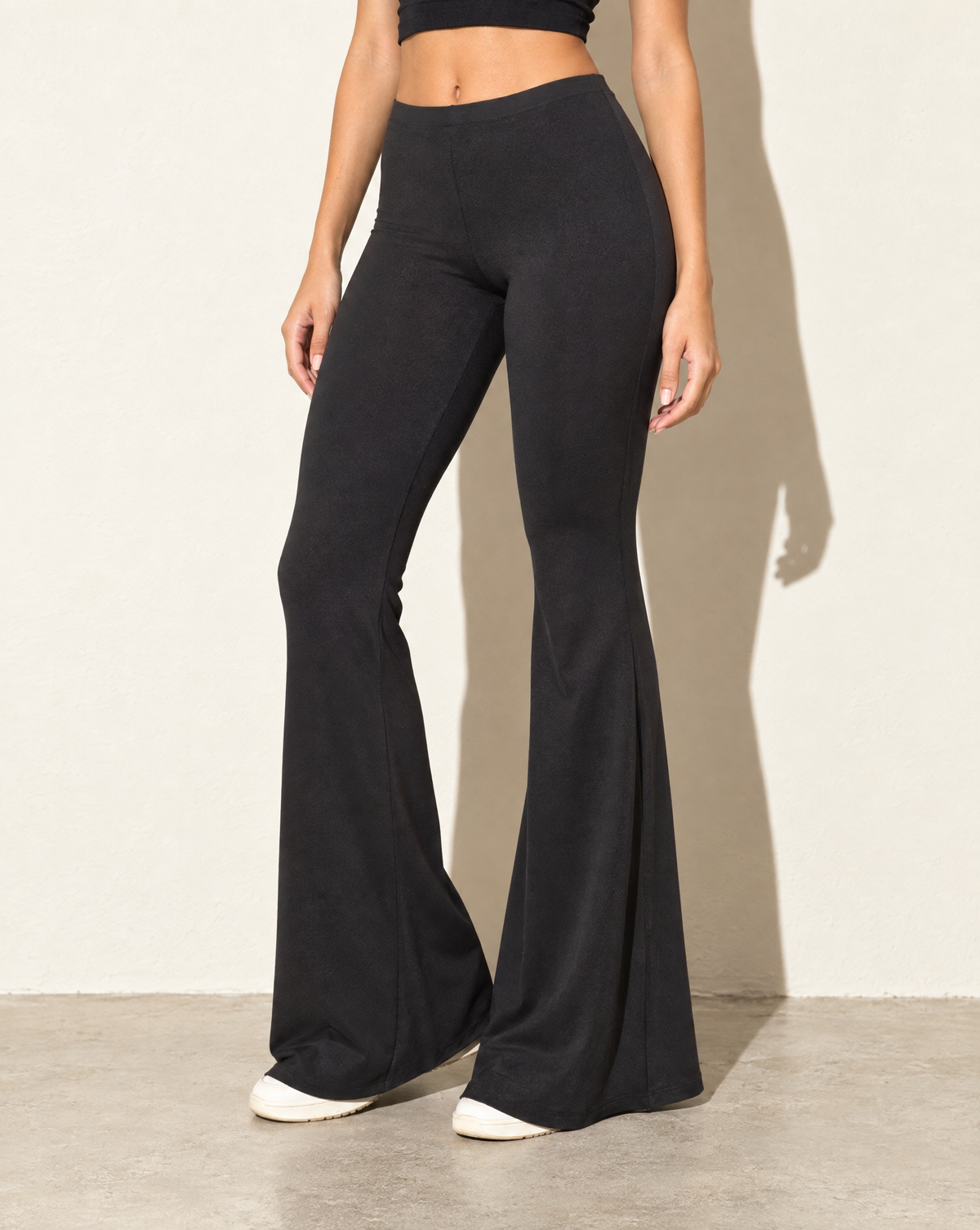 High Waist Flare Hem Pants in Black — alternate front view