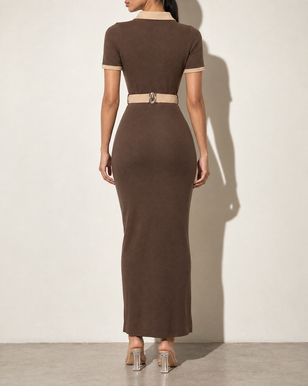 Collared Neck Button Down Dress With Front Slit in BROWN/TAUPE — back view