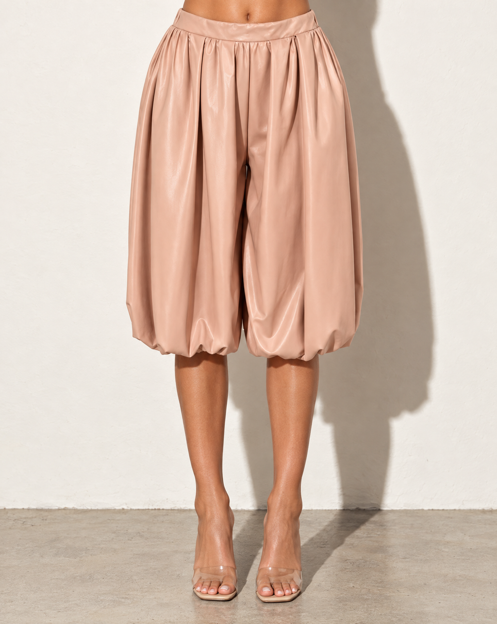 PU Bubble Capri Fashion Pants in Blush — front view