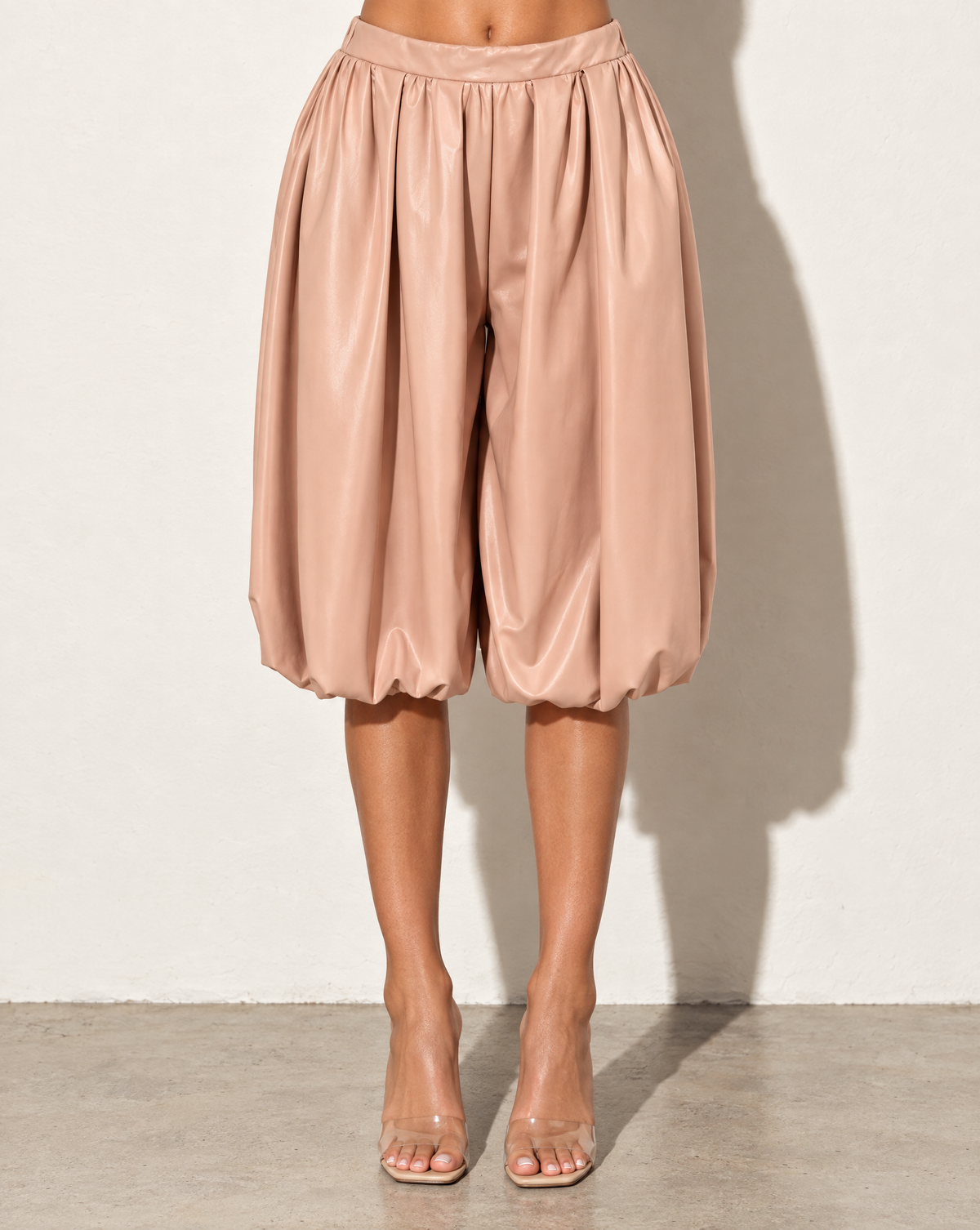 PU Bubble Capri Fashion Pants in Blush — front view
