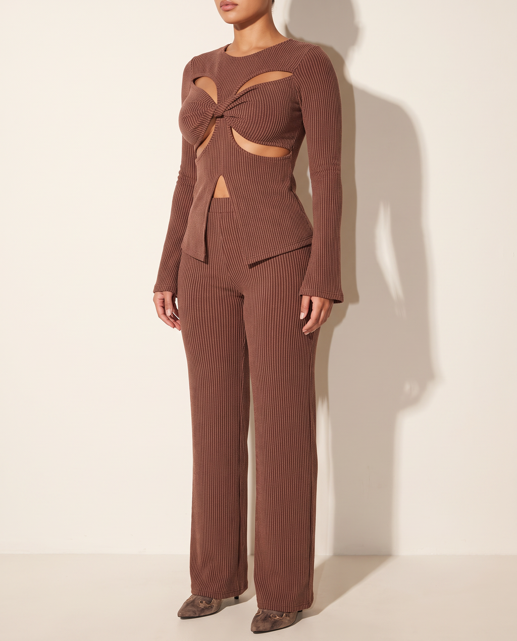 Twisted Front Cut Out Detailed Top & Pants Set in Chocolate — alternate front view