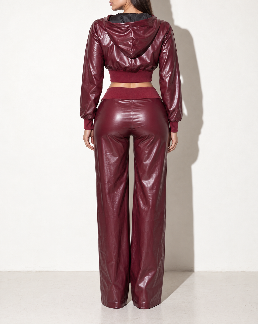 PU Hoodie Jacket & Wide Leg Pants Set in Burgundy — back view