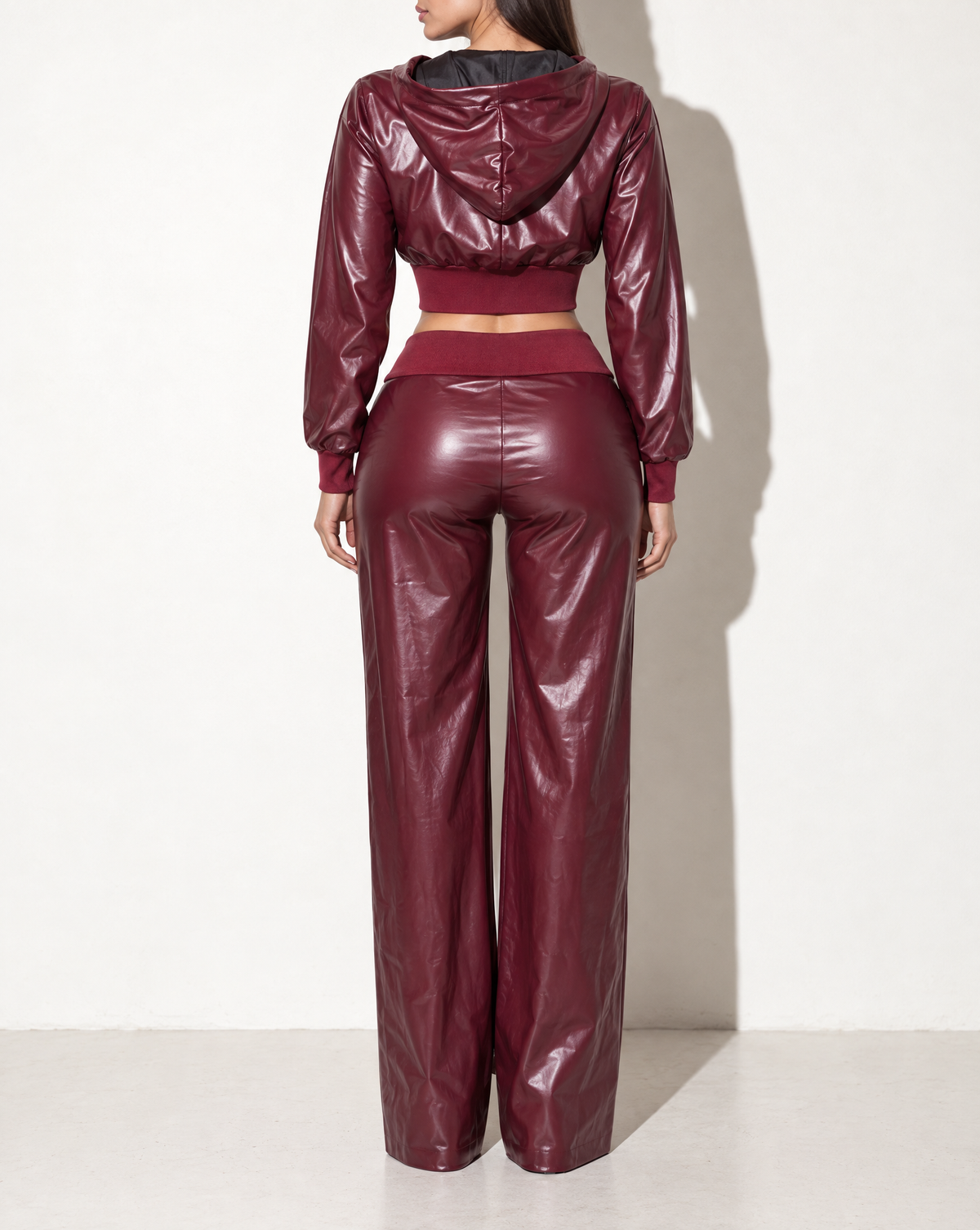 PU Hoodie Jacket & Wide Leg Pants Set in Burgundy — back view