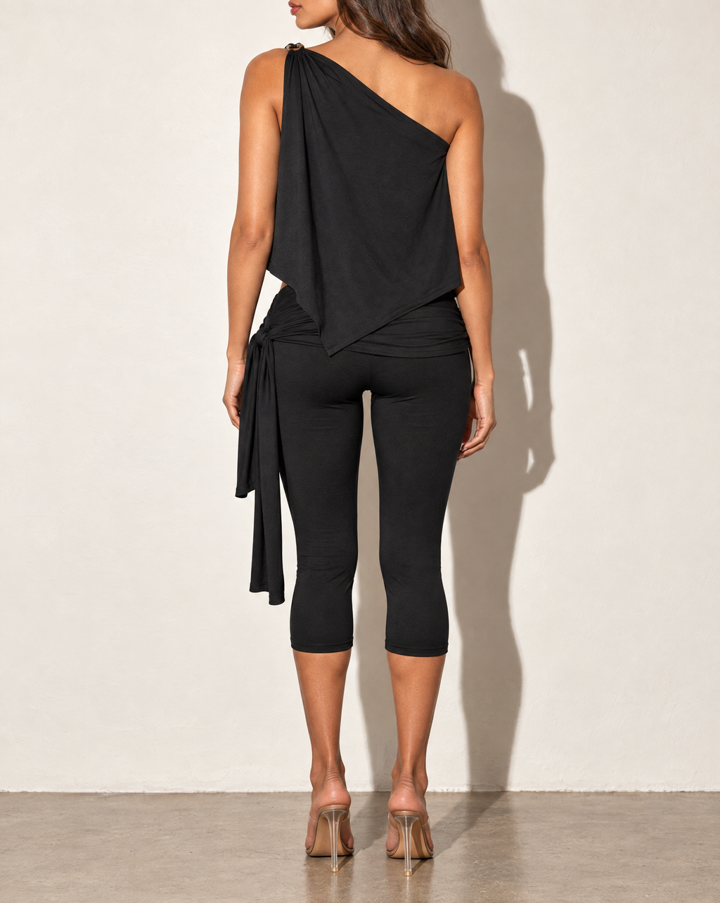 One Shoulder Drape Top & Tube Top Capri Set in Black — back view