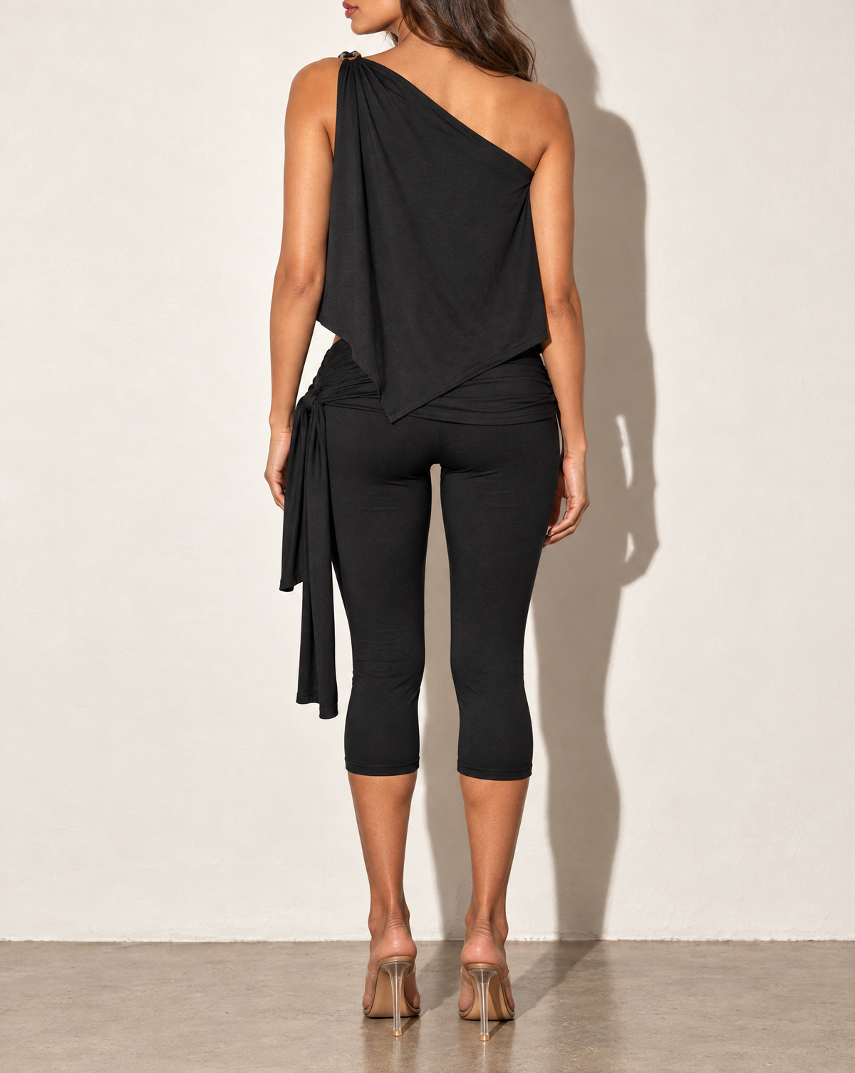 One Shoulder Drape Top & Tube Top Capri Set in Black — back view