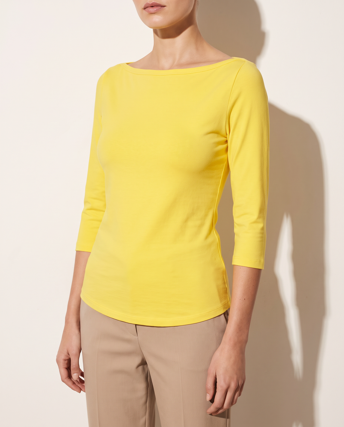 Boat Neck Three-Quarter Sleeve Top in Yellow — alternate front view